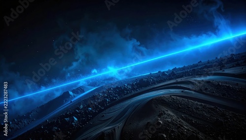 Abstract design backdrop for poster header and cover wallpaper featuring a glowing blue light blur shape on dark grain texture background with noisy effect representing futuristic space terrain