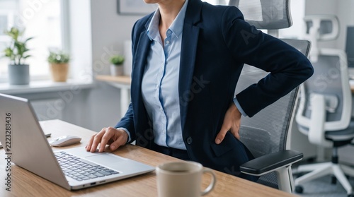 Office worker holding lower back due to discomfort, representing back pain, workplace injury, health problems, and ergonomics awareness.