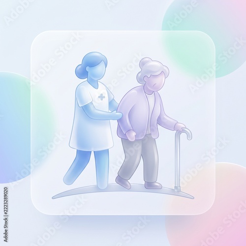 Professional caregiver helping an elderly woman walk using a metal cane