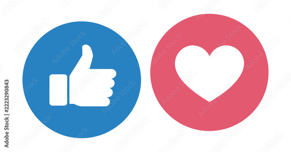 Fototapeta premium Like thumbs up and heart symbols in circular button shapes for social media reactions, post approval, favorites, and notification interface design, EPS10.