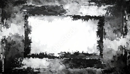 Abstract distress background frame featuring black and white rough brush stroke texture. Hand drawn layered paint edge border layout for artistic banner decoration and creative graphic clip art.