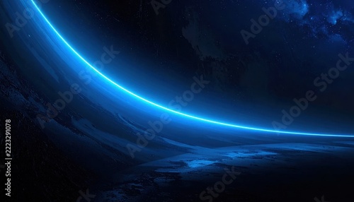 Abstract poster header cover wallpaper banner backdrop design featuring a glowing blue light blur shape set against a dark grain texture background with a distinctive noisy effect aesthetic.
