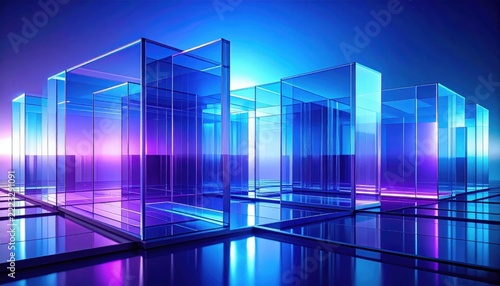 Futuristic blue and purple glass data pathway with transparent digital technology layers, perfect for AI network connection, software innovation, and modern abstract background design