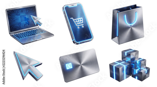 3D online shopping and e-commerce icon set, metallic cyber cybernetic style digital business icons with blue neon glowing, laptop, smartphone, shopping bag, mouse cursor, credit card, and delivery box