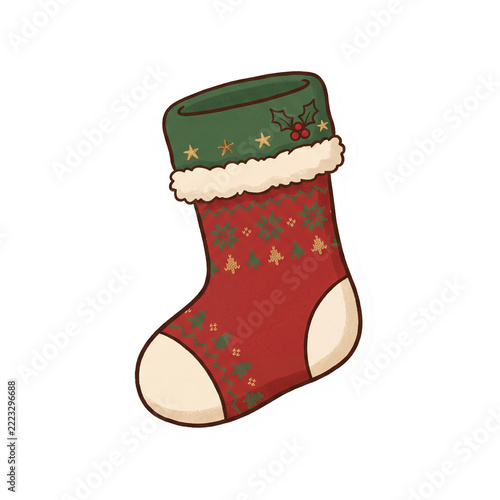 Christmas stocking sticker, vintage hand-drawn festive red and green xmas sock with patterns, holly, and gold stars, isolated holiday illustration on white background.