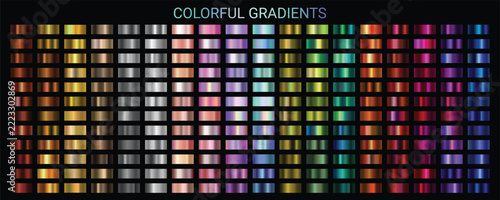 Colorful chrome metal gradients color palette vector set. Silver, gold, bronze metallic gradients. Collection of chrome metal shiny color swatches for background, certificate, ribbon Vector gradations