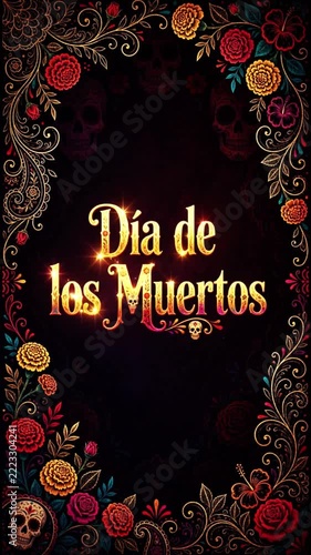 Glowing golden text celebrating Dia de los Muertos surrounded by floral patterns and skulls
