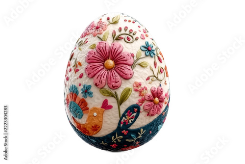 Decorative Easter Egg with Embossed Folk Art Floral Patterns and Bird Isolated on White Background