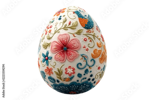 Handcrafted Folk Art Ceramic Easter Egg with Colorful Floral Relief Pattern Isolated on White Background