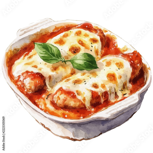 Hand-painted watercolor artwork of Chicken Parmigiana, isolated on white background