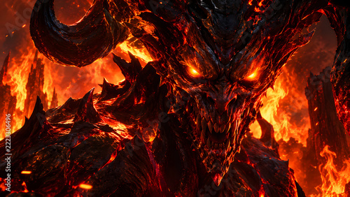 Hellish Demon Creature Illustration with Blazing Eyes, Terrifying Close Up Portrait Against a Fiery Background, Evil Monster, Supernatural Horror, Dark Fantasy Art and Infernal Character Design