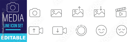 Editable set of media line icons for photography and video editing