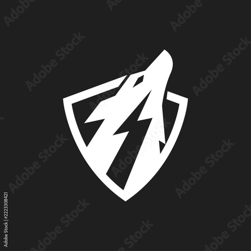 Modern Abstract Wolf Head with Lightning Bolt in Shield Emblem Logo Design