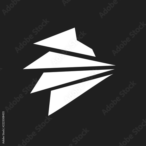 Abstract geometric logo design with dynamic white angular shapes on a dark background, symbolizing motion, progress, and innovation.
