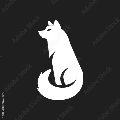 White Wolf Illustration Sitting Profile on Black Background
