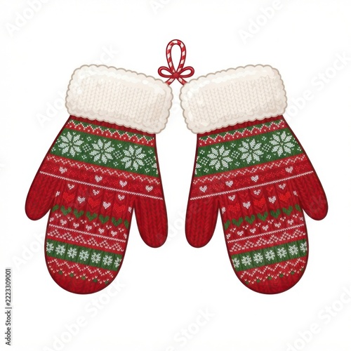 Pair of red and white knitted winter mittens adorned with green patterns and snowflakes on a white background.