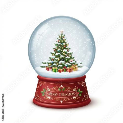Christmas tree inside clear glass snow globe with falling snow, surrounded by gift boxes on red decorated base, winter holiday scene, festive celebration.