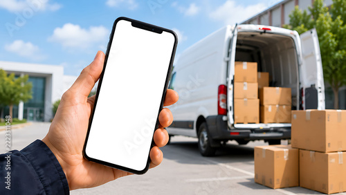 Blank Smartphone Screen with Delivery Van and Cardboard Boxes, Online Shopping, Ecommerce Logistics, Parcel Shipping, Courier Service and Mobile Delivery App Concept