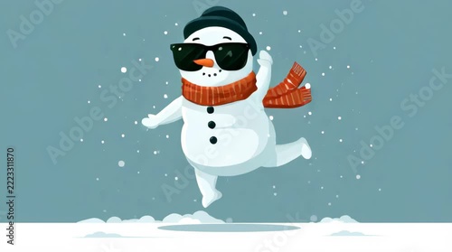 cute snowman wearing sunglasses dances happily in a snowy winter landscape illustrated animation