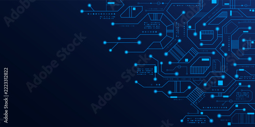 Advanced circuit board background with glowing blue connections. Abstract AI electronic infrastructure and digital circuit technology for modern tech designs. Vector pattern with lighting tech grid.