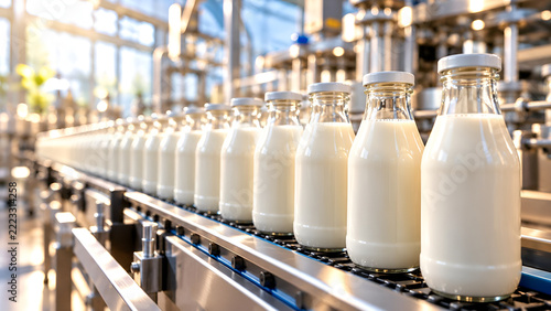 A modern dairy production line featuring glass milk bottles on a conveyor belt in a bright, industrial setting. Perfect for food and beverage industry themes.