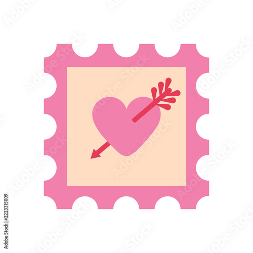 Pink postage stamp vector illustration with heart pierced by cupid arrow for romantic valentines day mail envelope