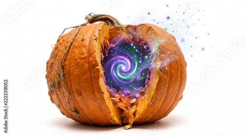Cracked orange pumpkin with glowing magical galaxy portal inside
