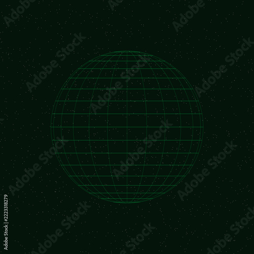 3D Green Wireframe Planet Globe Grid with Starry Space Background, Digital Global Network Technology Vector Illustration