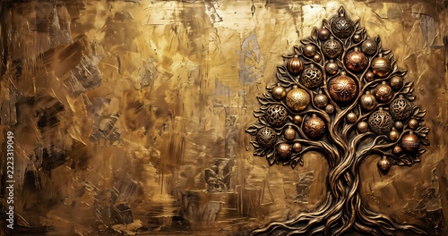 Stylized embossed Christmas tree with golden ornaments and intricate swirling branches on a richly textured metallic gold backdrop.