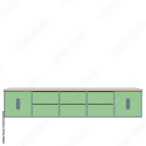 3D modern storage cabinet with green doors and a wooden top, ideal for contemporary living spaces.