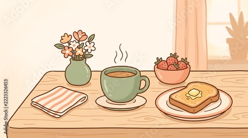 Cozy breakfast scene featuring hot steaming coffee in green ceramic mug alongside buttered toasted bread slices fresh strawberries small vase with flowers on wooden table inside bright sunny kitchen i