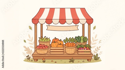 Charming farmers market stall featuring colorful fresh fruits and vibrant vegetables neatly arranged inside wooden crates and woven baskets under a bright red and white striped canopy for local shoppe