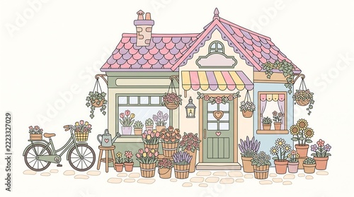 Charming whimsical floral shop building featuring pastel pink and purple rooftop tiles complemented by vibrant spring flowers hanging baskets potted plants and a vintage bicycle parked outside
