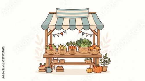 Charming rustic wooden market stall featuring colorful fresh organic fruits and crisp vegetables arranged inside woven baskets beneath striped pastel awnings during sunny daytime hours