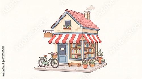Charming small bookstore building with colorful bookshelves visible through large windows alongside a parked bicycle and decorative potted flowers under soft daylight illumination creating cozy atmosp