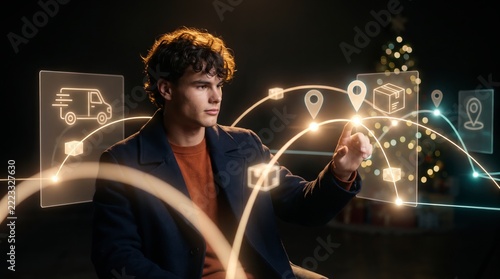Proactive shopper selecting destination pin on glowing supply chain routes beside Christmas tree