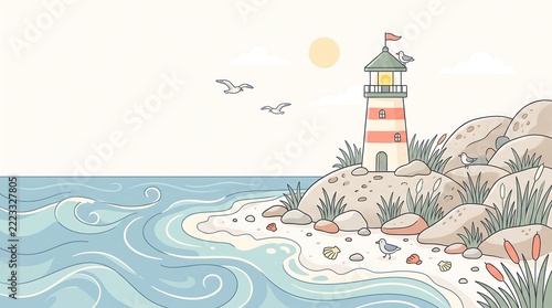 Charming coastal landscape featuring vibrant pastel lighthouse standing proudly upon rocky shore surrounded by calm blue ocean waves flying seagulls gentle clouds and warm glowing sun in minimalist gr