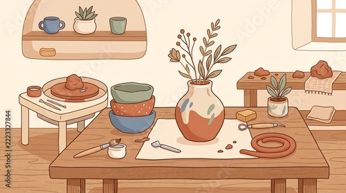 Cozy pottery studio interior featuring handcrafted ceramic vases stacked bowls sculpting tools wooden tables shelving units plants and warm earthy pastel color tones creating relaxing artistic creativ