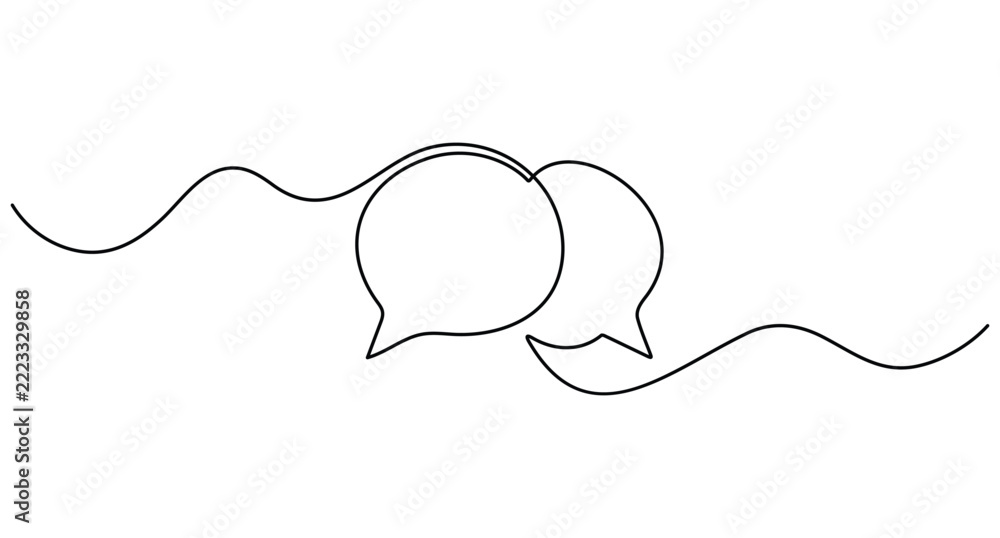 Fototapeta premium Elegant single line drawing of two circular speech bubbles connected by a wavy line, symbolizing dialogue.