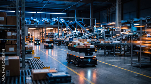 Fleet of mobile robots moves packages between conveyor stations in advanced distribution center. Smart distribution, package flow concept.