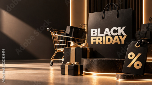 Minimalist Black Friday Shopping Cart and Kraft Paper Bags in a Bright Studio