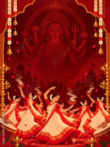 Bengali Durga Puja Dhunuchi Dance Background with Maa Durga and Traditional Festival Celebration

