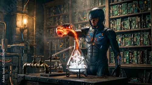 Futuristic Cyborg Scientist Performing Chemical Experiment in Laboratory Illustration
