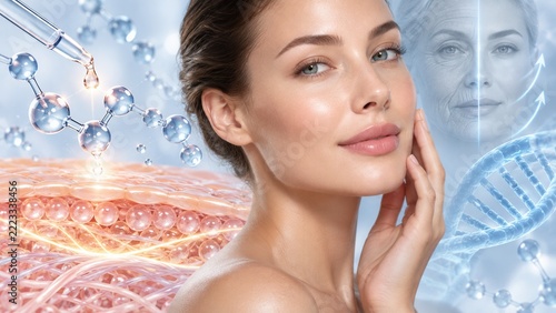 Advanced skin care science with woman, collagen molecules, DNA and anti aging beauty treatment concept