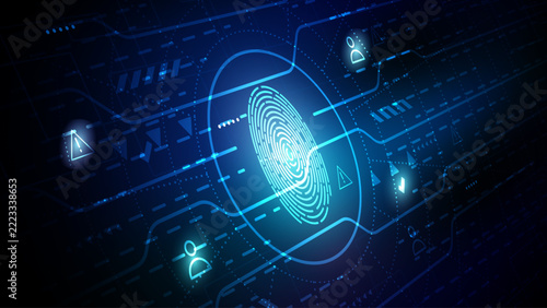 Fingerprint_techCybersecurity technology concept background with futuristic biometric fingerprint scan and digital identity data protection