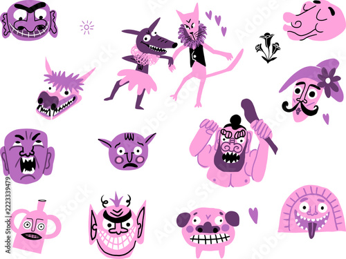 Halloween spooky monsters, Happy Valentine's Day odd beasts, bizarre animals, fantasy mystical creatures, ancient spirits, holiday clipart