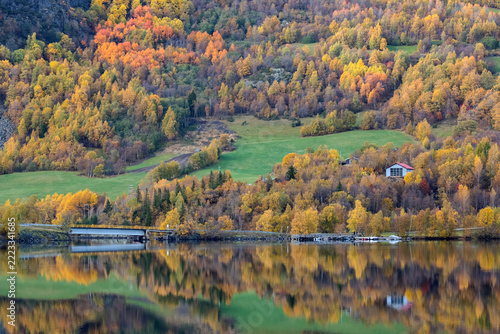 Autumn at the lake Vangsmjoese, Innlandet, Norway