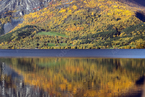 Autumn at the lake Vangsmjoese, Innlandet, Norway
