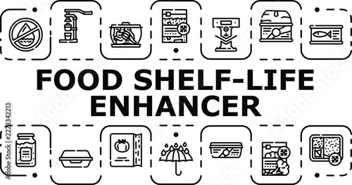Food shelf-life enhancer banner infographic. Freshness sealing, microbes dehydration, enzymes emulsifier icon vector illustration