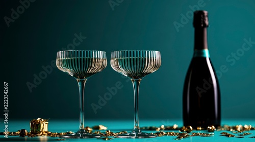 Champagne coupes with sparkling wine bottle and gold confetti on emerald background in sharp focus for luxury celebration and gala event marketing